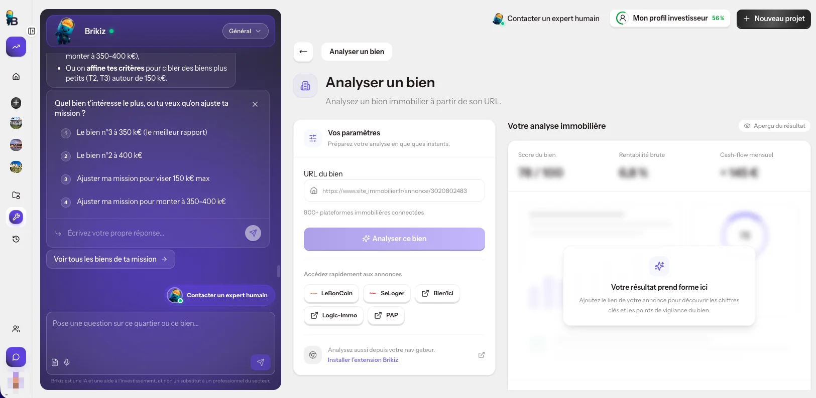 Outil « Analyser un bien » de l'app Brikiz : URL de l'annonce, plus de 900 plateformes connectées et analyse avec score du bien, rentabilité brute et cash-flow mensuel