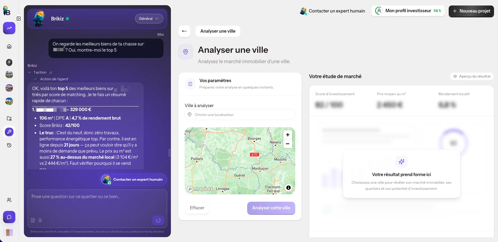 Outil « Analyser une ville » de l'app Brikiz : choix de la ville sur la carte et étude de marché avec score d'investissement, prix moyen au m² et rendement locatif
