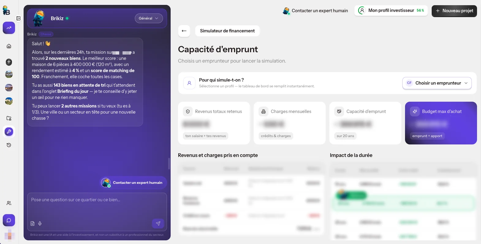 Simulateur de financement de l'app Brikiz : revenus retenus, charges mensuelles, capacité d'emprunt et budget maximal d'achat