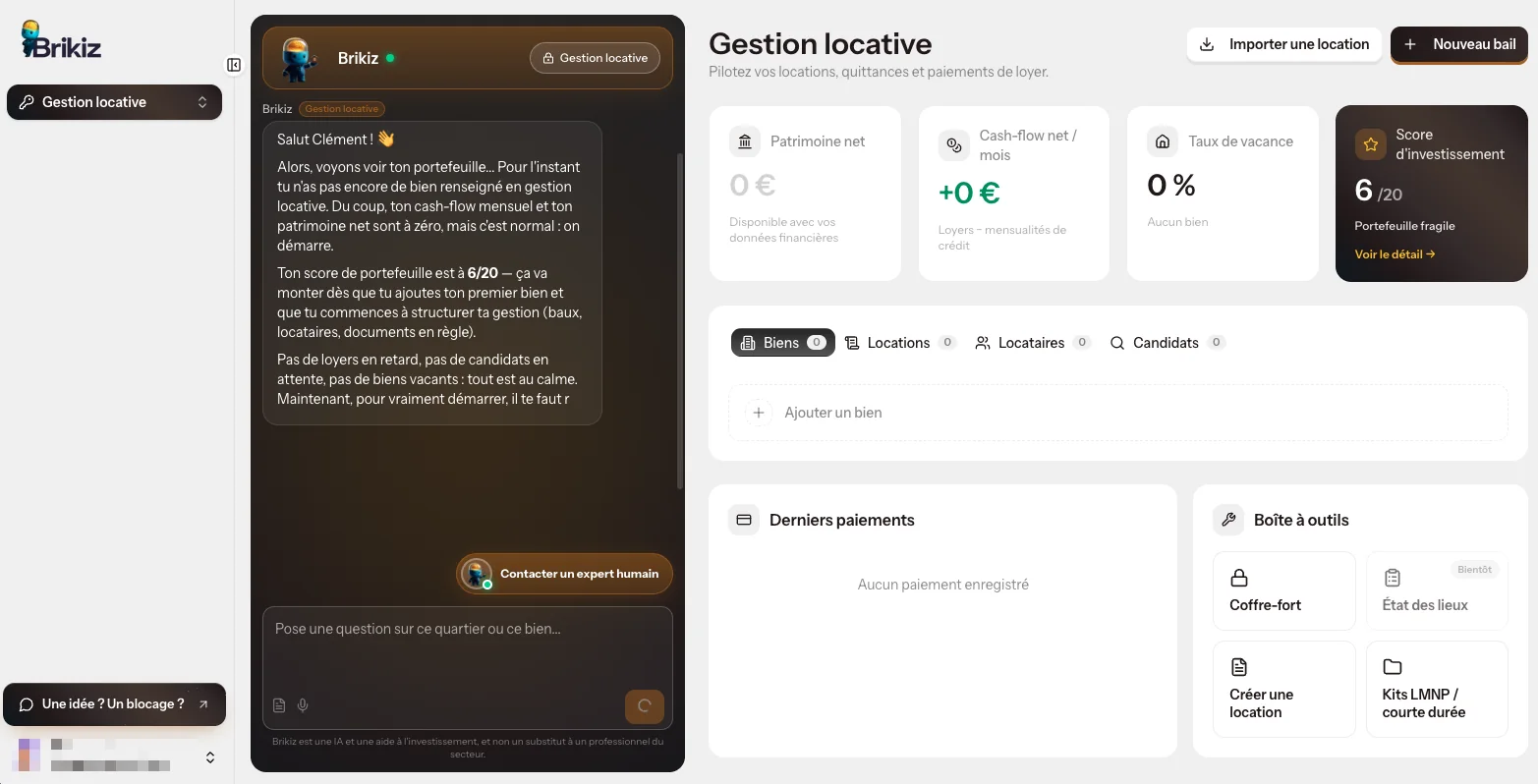 Tableau de bord Gestion locative de l'app Brikiz : patrimoine net, cash-flow, taux de vacance, derniers paiements